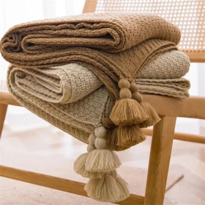 Blankets Bed Sofa Couch Chunky Knit Bedspread Knitted Throw Blanket Tassel Plain