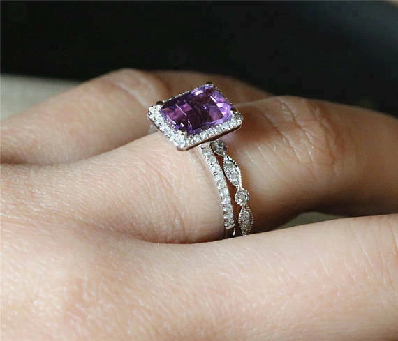 Conjunto de anel de noivado de ouro branco 14K com ametista e diamante simulado 2,60 quilates tamanho 7,5 - Imagem 4 de 4