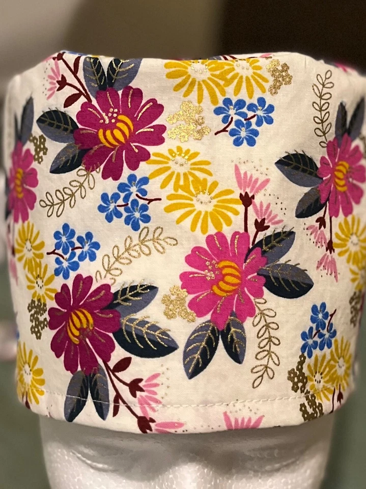 Floral gold reversible Women's Skull/Chemo Surgical Scrub Hat/Cap Handmade - Image 2 of 4