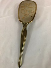 Vintage Hand Held Gold with White Bristles Retro Bow Floral Design Hair Brush