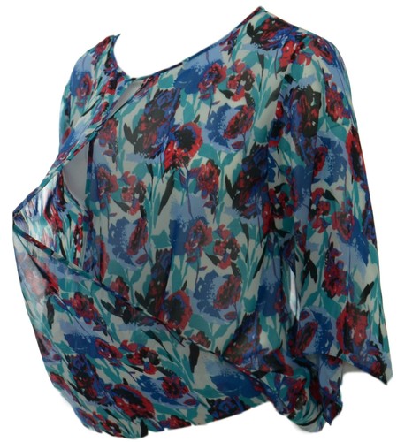 Top donna nuovo incrociato finto avvolgente davanti blu rosso stampa manica 3/4 collo buco della serratura - Foto 2 di 4