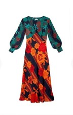 Rixo “ Terri “ Orange Green Patterned Long Sleeve Midi Maxi Dress - Sz XS