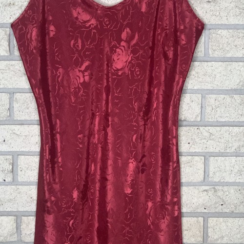 VTG Red Liquid Satin Opaque Floral Jacquard Bias Cut Slip Dress X Large 42 Bust - Picture 14 of 16