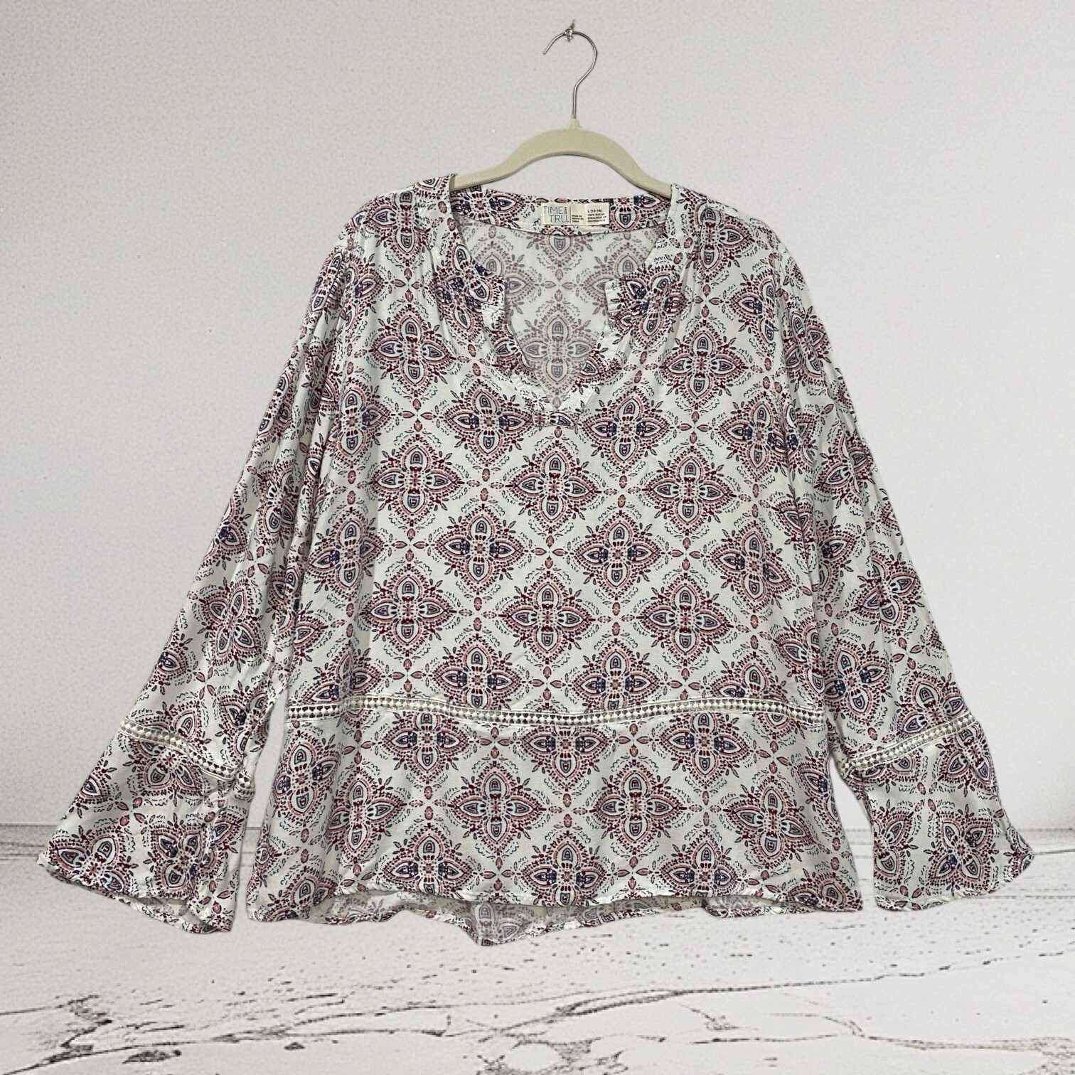 Time and Tru Womens Large Boho Bell Sleeve Peasant Top with Crochet Trim