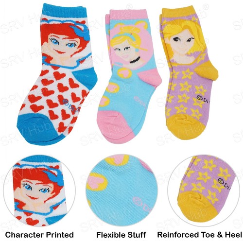 3Pairs Licensed Disney Princess Mid Calf Socks, Kids Girls Clothing Accessories - Picture 5 of 14