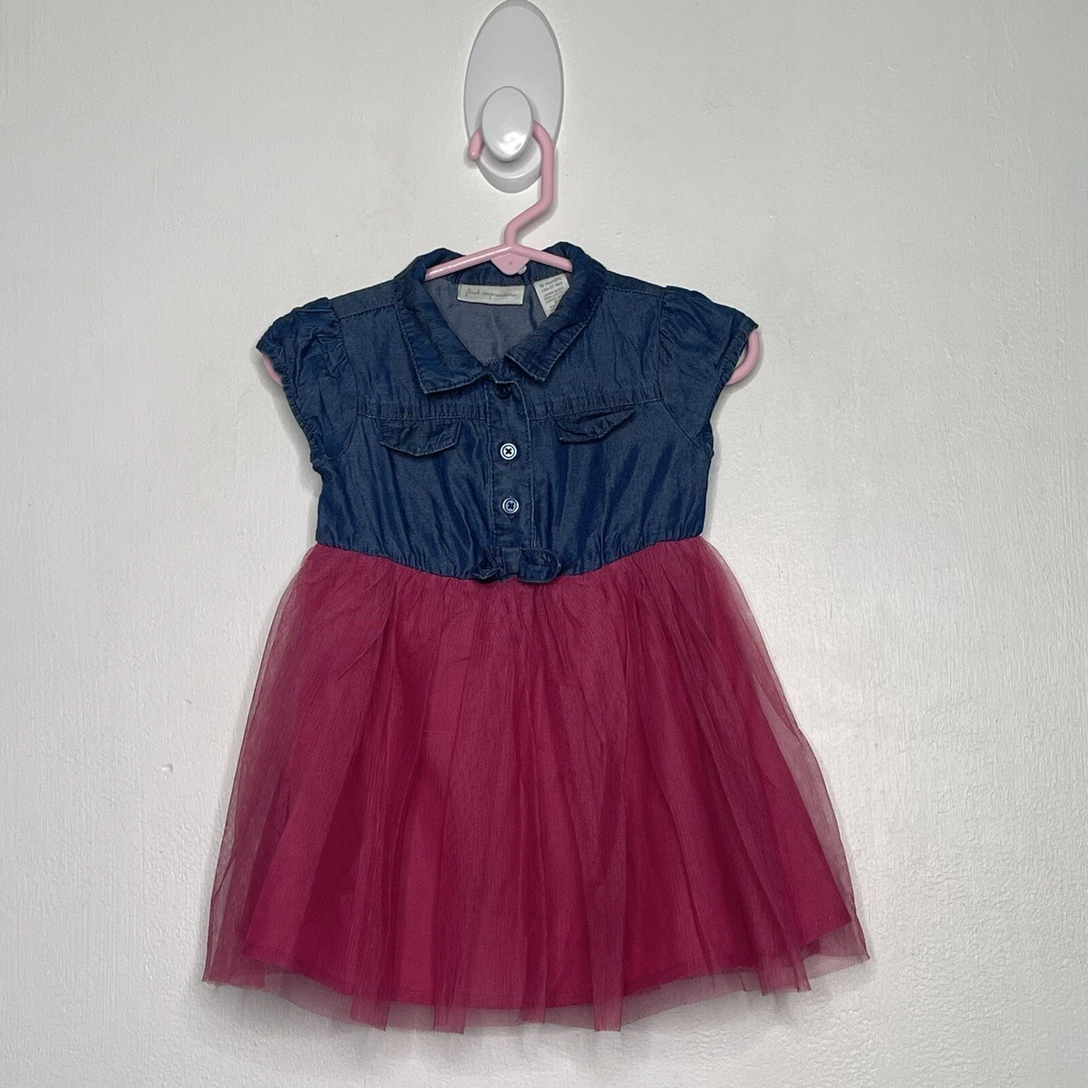 First Impressions Chambray Tulle Dress Girls Size 18 M Short Sleeve Blue Pink