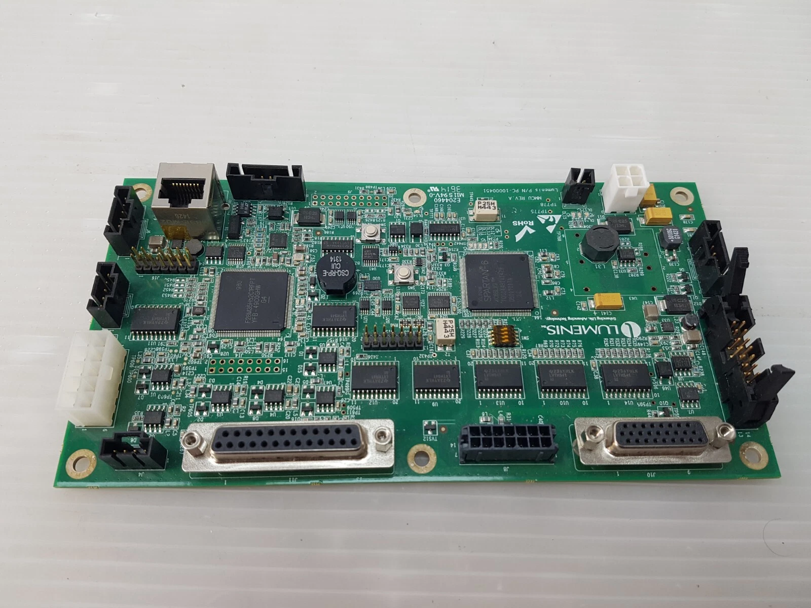 PC-10000451 MMCU board turned around, showing the D-sub connectors and power header