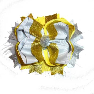 Puppy Bows ~  Yellow Gold feather glitter bow 5'' big  bowknot bow bands or