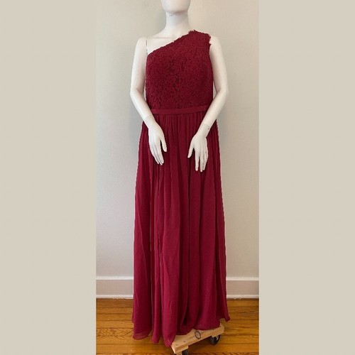Azazie Demi A-Line One Shoulder Chiffon Floor-Length Dress Womens A18 Burgundy - Picture 3 of 8