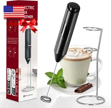 Milk Frother Handheld, Battery Operated Whisk Maker with Stainless Steel Stand H