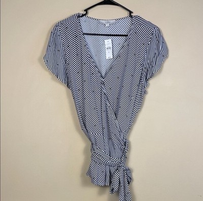 NWT LOFT Women s Striped Dot Navy Blue White Flutter Sleeve Wrap Blouse Sz XL