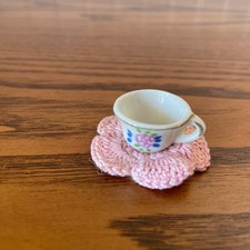 Mini Barbie Size Tea Cup 1/2  Knick Knack Floral Gold Trim With Crochet Saucer