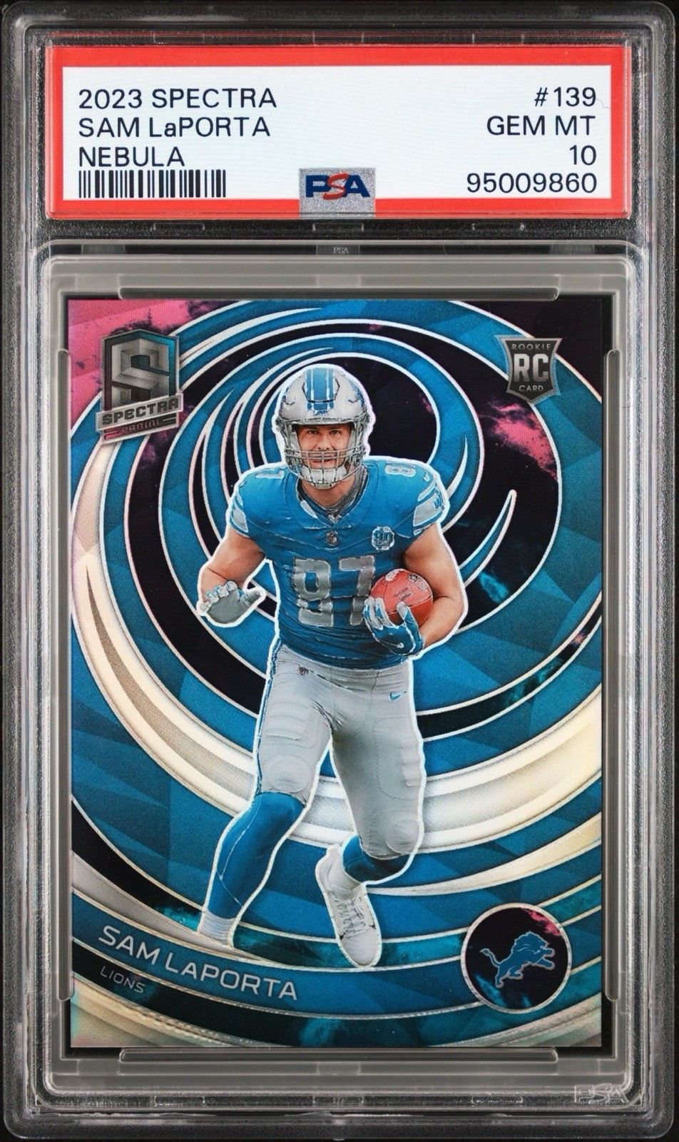 2023 Panini Spectra Nebula Prizm #/2 Sam LaPorta Lions RC Rookie #139 PSA 10