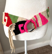 Vtg Pink Black Guatemala Boho Hippie WOVEN BELT Sz M/L Uo to 34" Waists O Ring