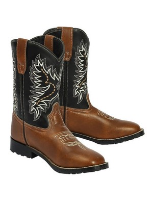 TuffRider Youth Olympic Square Toe Western Cowboy Boots Tan w/ Black 7Y
