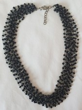 Vintage Bib Necklace Black Seed Bead Multi Strand Fringe Statement
