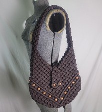 Vintage 70s Brown Macrame Crochet Boho Shoulder Bag Wood Beads Hippie