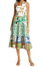 Farm Rio Mixed Tropical Prints Midi Dress Bow Top Animal Tropical Size Small