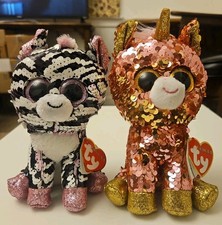Ty FLIPPABLES  Zoey The Zebra & Sunset Unicorn Sequin Beanie B6" NEW W' TAGS A12