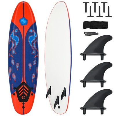 6' Surfboard Foamie Body Surfing Board W/3 Fins Leash for Kids Adults Red