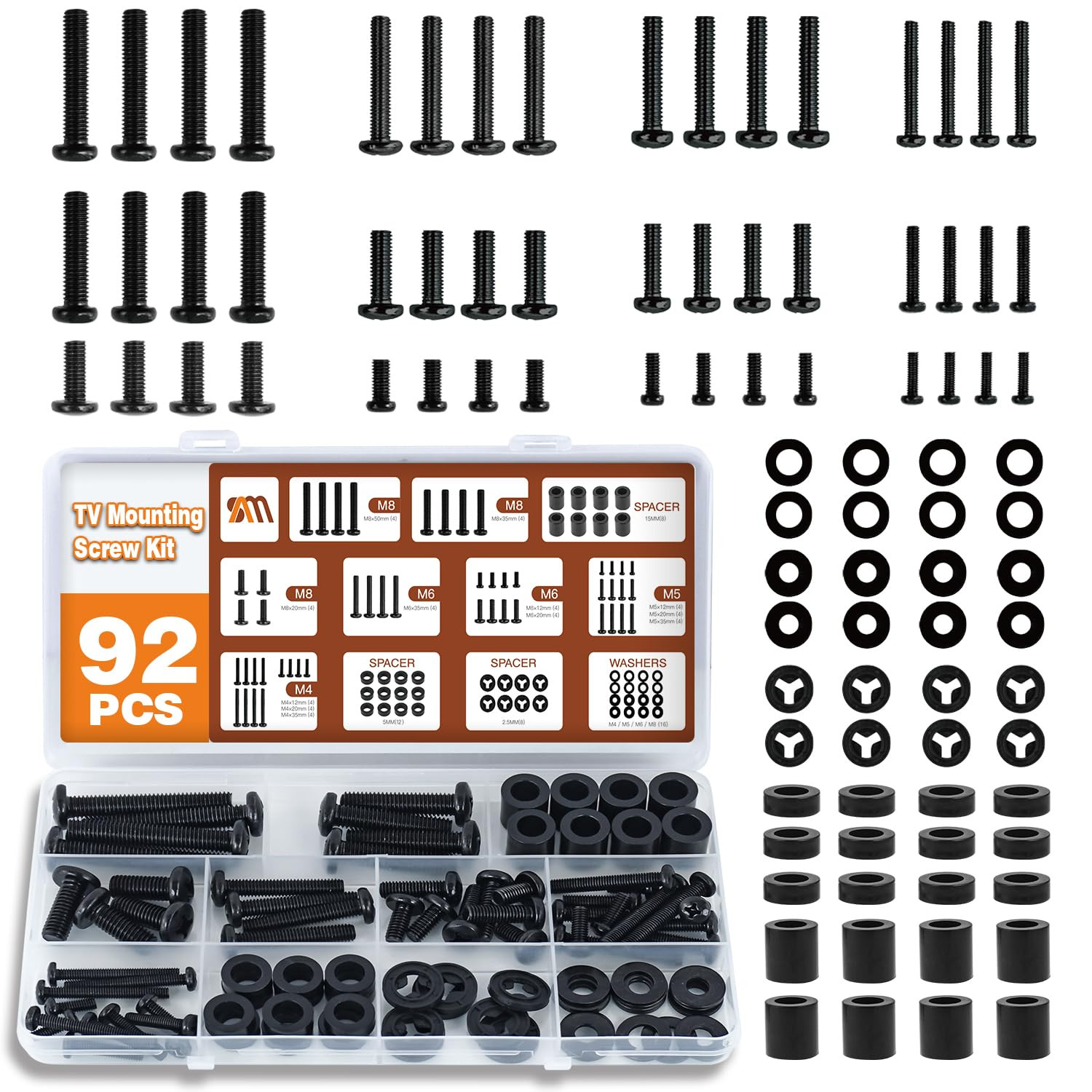 92Pcs TV Wall Mount Screw Kit with Washers & Spacers, M4 M5 M6 M8, Organized Sto