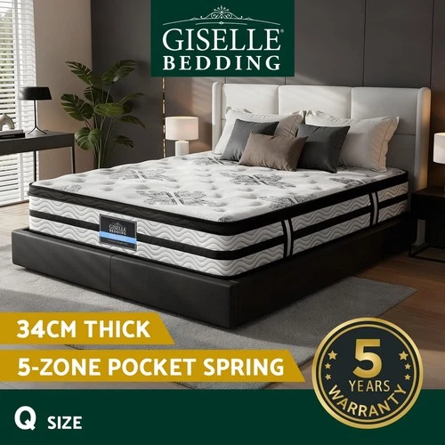 Giselle Bedding 34cm Mattress Euro Top Bed Pocket Spring Medium Firm Queen