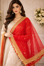 Net Dupatta with Sitara Lace Border –  Red | Wedding Duppata