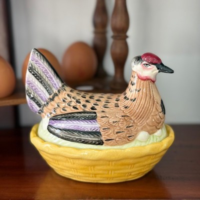 Vintage Keramik Henne auf Nest Eierschale Hühnerterrine Kitchenalia