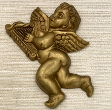 Vintage Cherub Angel With Harp Wall Hanging Gold Tone 7.5" Home Decor