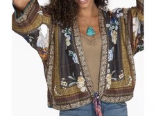 Johnny Was Floral Silk Satin Kimono Top Multicolor 3/4 Tie V-Neck