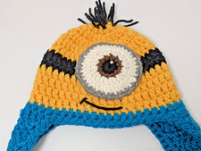 Hand Crocheted Minion Inspired Earflap Hat Youth Child Yellow Blue Tassels