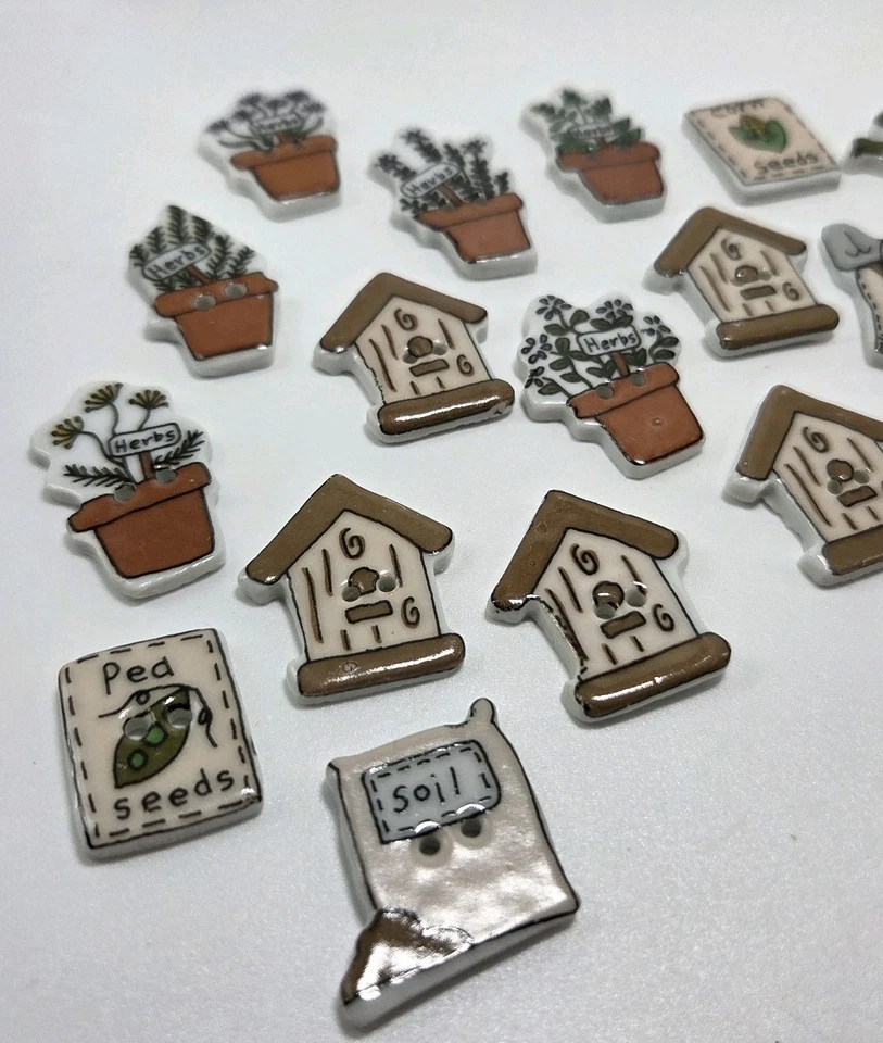 VTG 1990s Trena's Trinkets 29 Ceramic Sew Buttons Garden Birdhouse Herbs Plants - Image 3 of 4