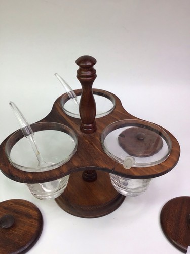 Vintage MCM Wooden Condiment Stand Caddy 3 Glass Cups W/ Spoons & Lids JAPAN - Picture 3 of 9
