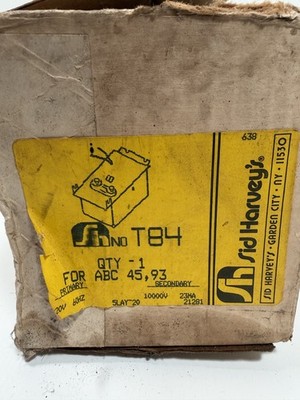 Sid Harvey's T84 Ignition Transfromer 120V-10,000V 60Hz for ABC 45, 93 Old Stock