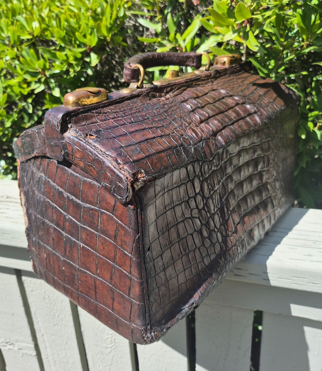 Antique 1891 Alligator Doctor Bag Patented Brass Frame Victorian