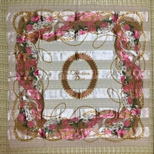 Christian Dior Silk Square Scarf 33.5 in Beige Pink Floral Pattern Vintage
