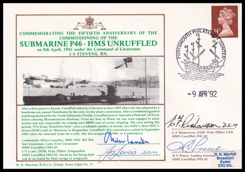 Submarine P46 HMS Unruffled Marriott Navy Cover Signed 4 WW2 VETERANS