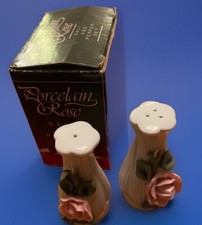 Vintage Porcelain Salt  Pepper Shakers "White Vases with Pink Porcelain Roses"