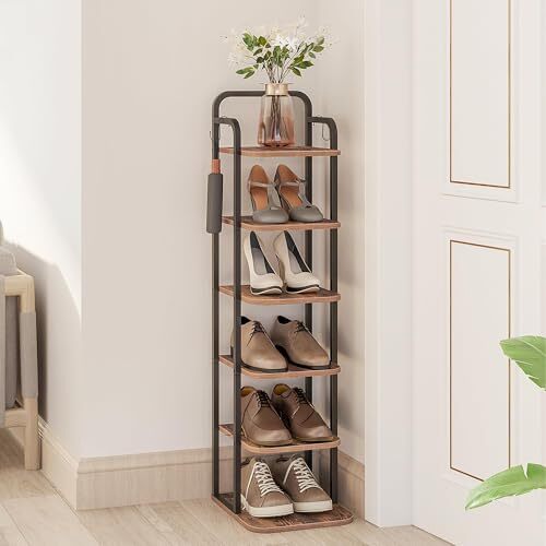 6-Tier Rustic Brown & Black Vertical Shoe Rack - 11.8D x 10.4W x 39.8H Inches