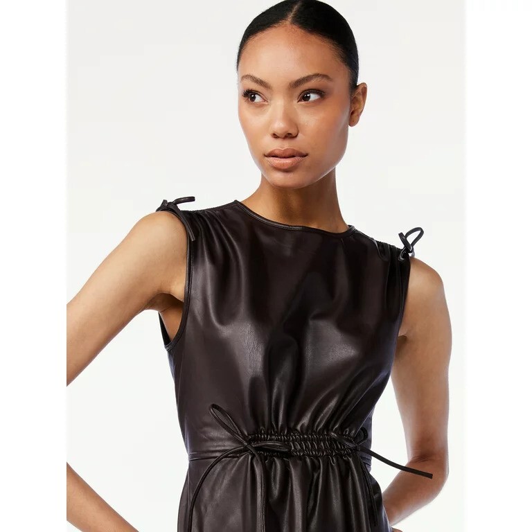Scoop Women's Faux Leather Midi Dress with Cinched Waist Size XS And Small | eBay Scoop Women's Faux Leather Midi Dress with Cinched Waist Size XS And Small | eBay