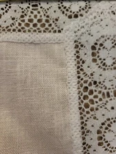 Vintage Pastel Pink Coral Linen Tablecloth With White Lace Rectangular  88 X 63