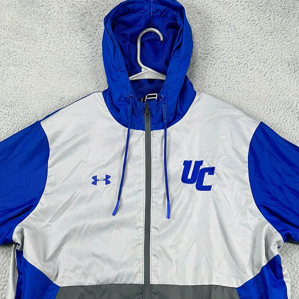 Under Armour Jacket Mens Large Blue Grey Colorblock Windbreaker Hooded Full Zip