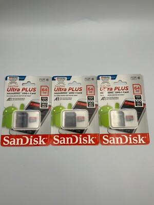 SanDisk Ultra Plus 64GB Class 10 microSDXC UHS-I Memory Card LOT OF 3