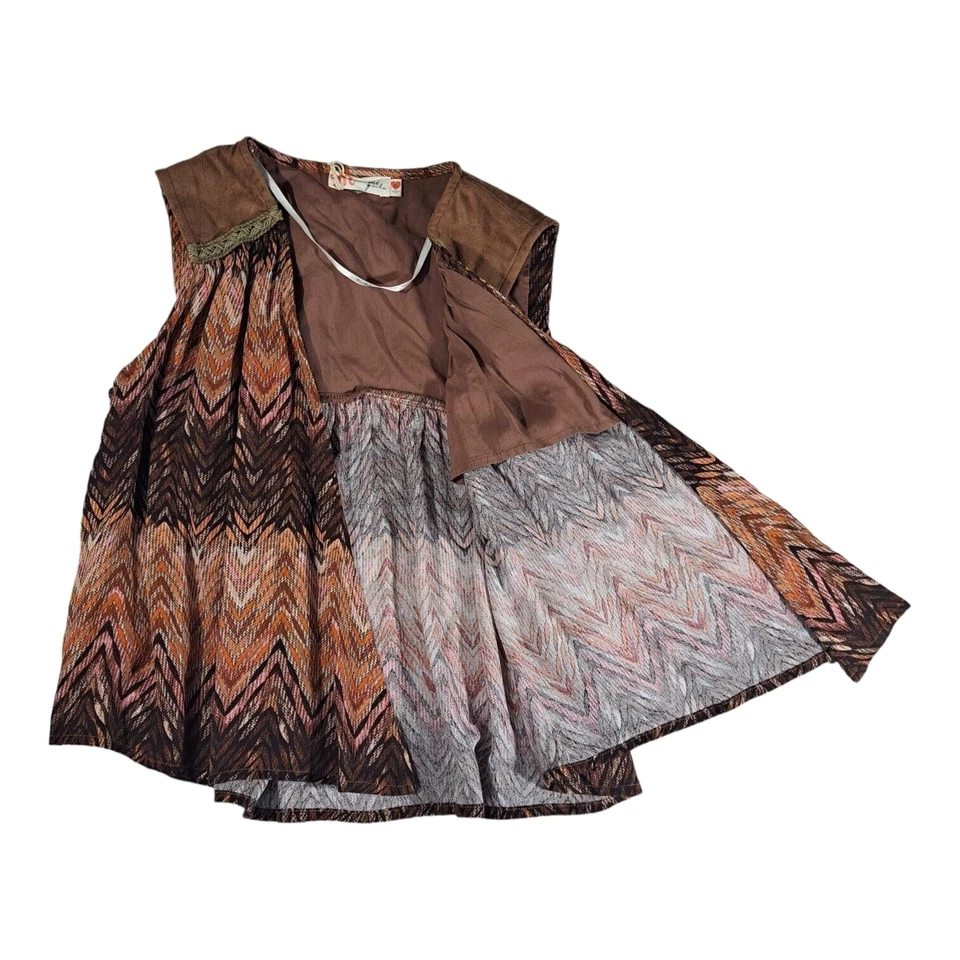 Chaleco Miss Me Abierto Niñas Talla XL Cortina Frontal Marrón Óxido Estampado Chevron Boho Foto 4 de 4