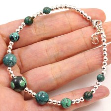 Blue Turquoise Bracelet Round Beads Kingman Healing Gemstone Silver Plated Clasp