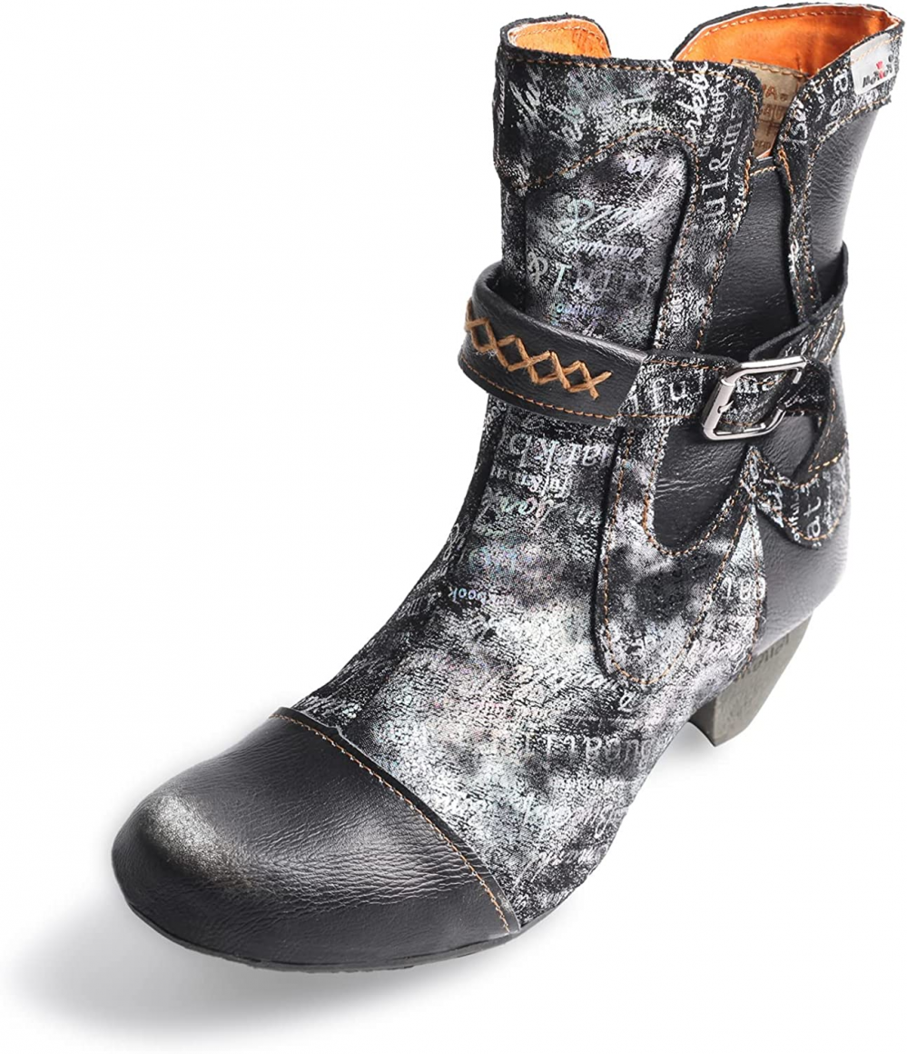 TMA EYES Printed Leather Patchwork Hand Stitched Buckle Zipper Women's Boots 