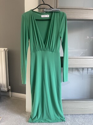Club L London Emerald Green V Plunge Midi Dress With Long Sleeves UK SIZE  10 | eBay UK