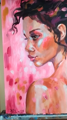 Acrylic original painting on panel with brunette woman portrait on