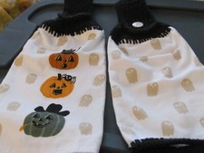 PLUSH CROCHETED TOP HANGING KITCHEN TOWELS CAT PUMPKIN AND GHOST