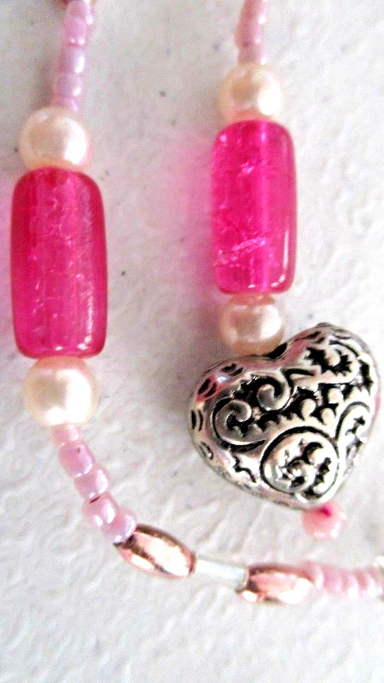 NOS 11.5" Perla Imitación ROSA Plástico CUENTAS Dandle Tono Plata CORAZÓN Metal CLIP PARA EL CABELLO Foto 4 de 4